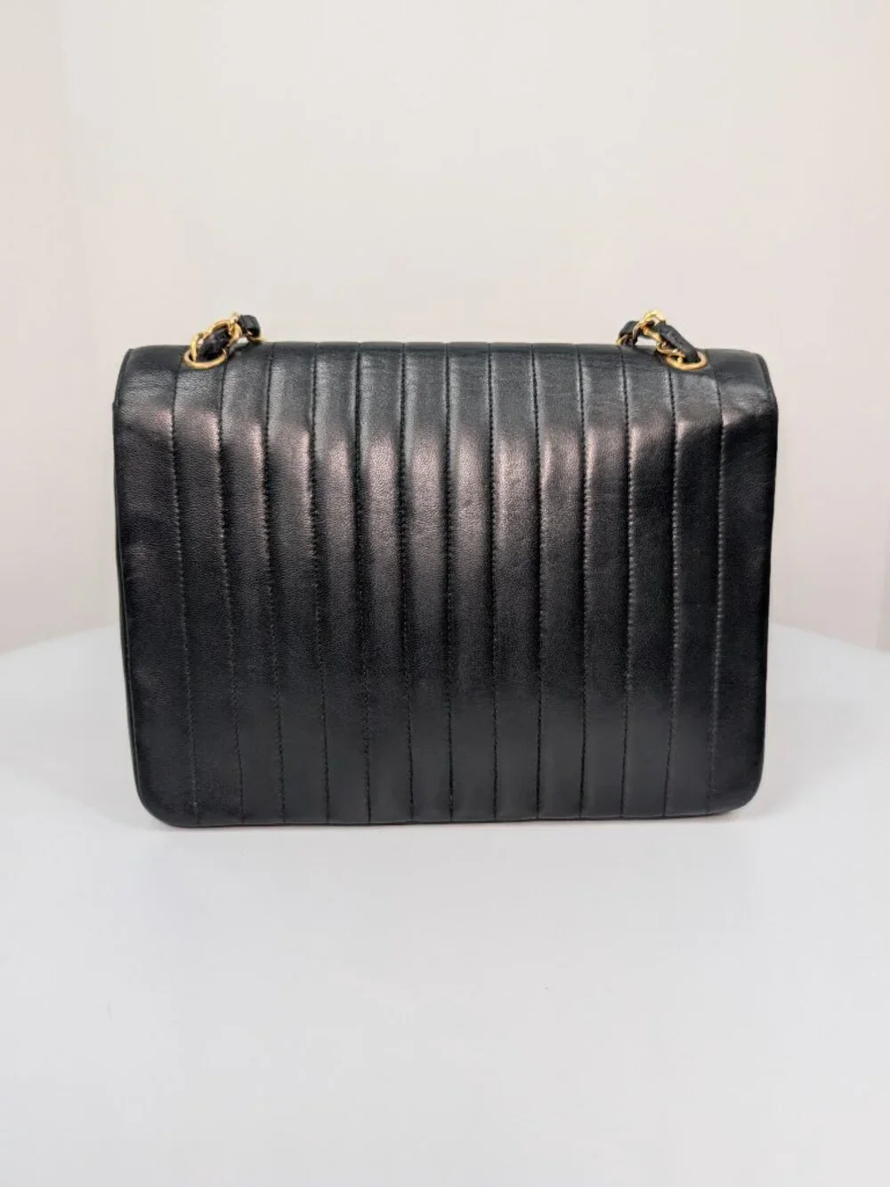 Chanel Vintage Black Vertical Stitch Flap Bag with 24K Circle CC Turn-Lock